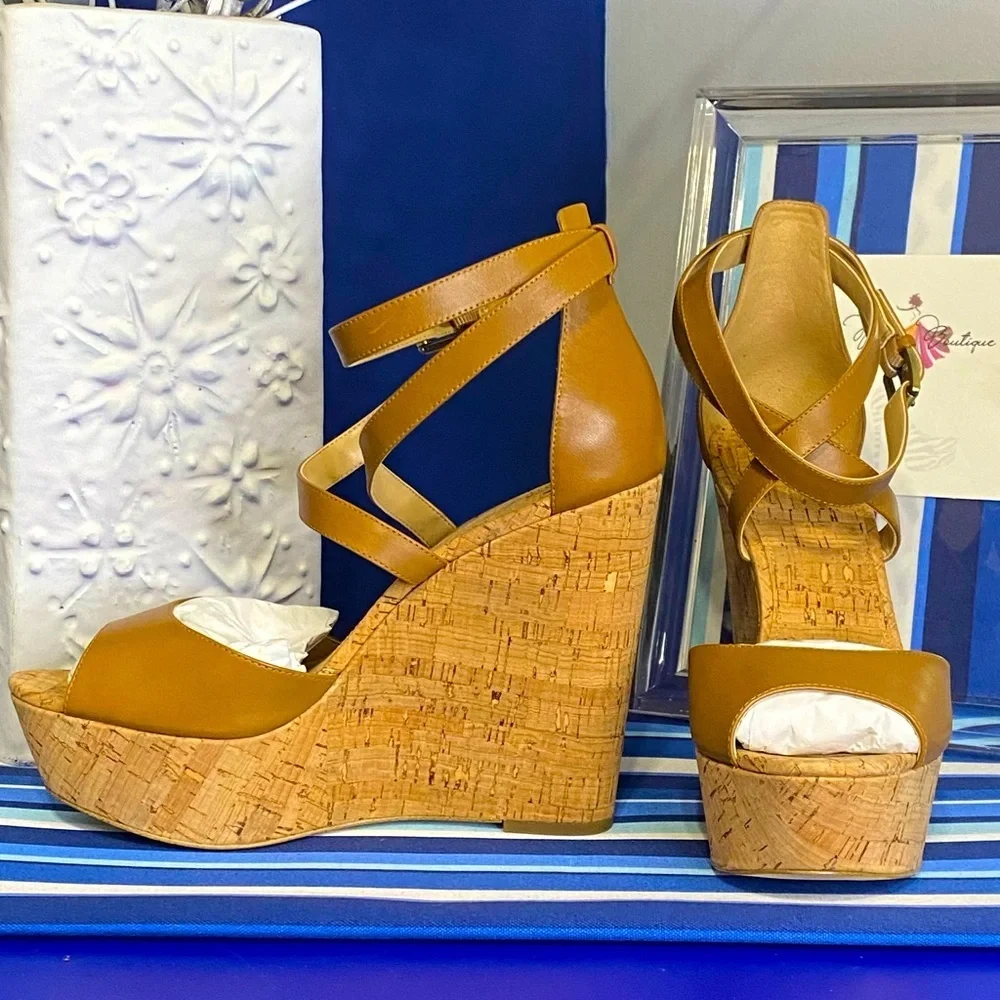 Michael Kors brown cork platform wedge strappy ankle high heel sandals Sz 10 - Picture 2 of 15